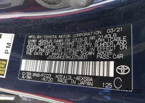 2021 Toyota Corolla Se from USA, damaged, VIN JTDS4MCE9MJ076831